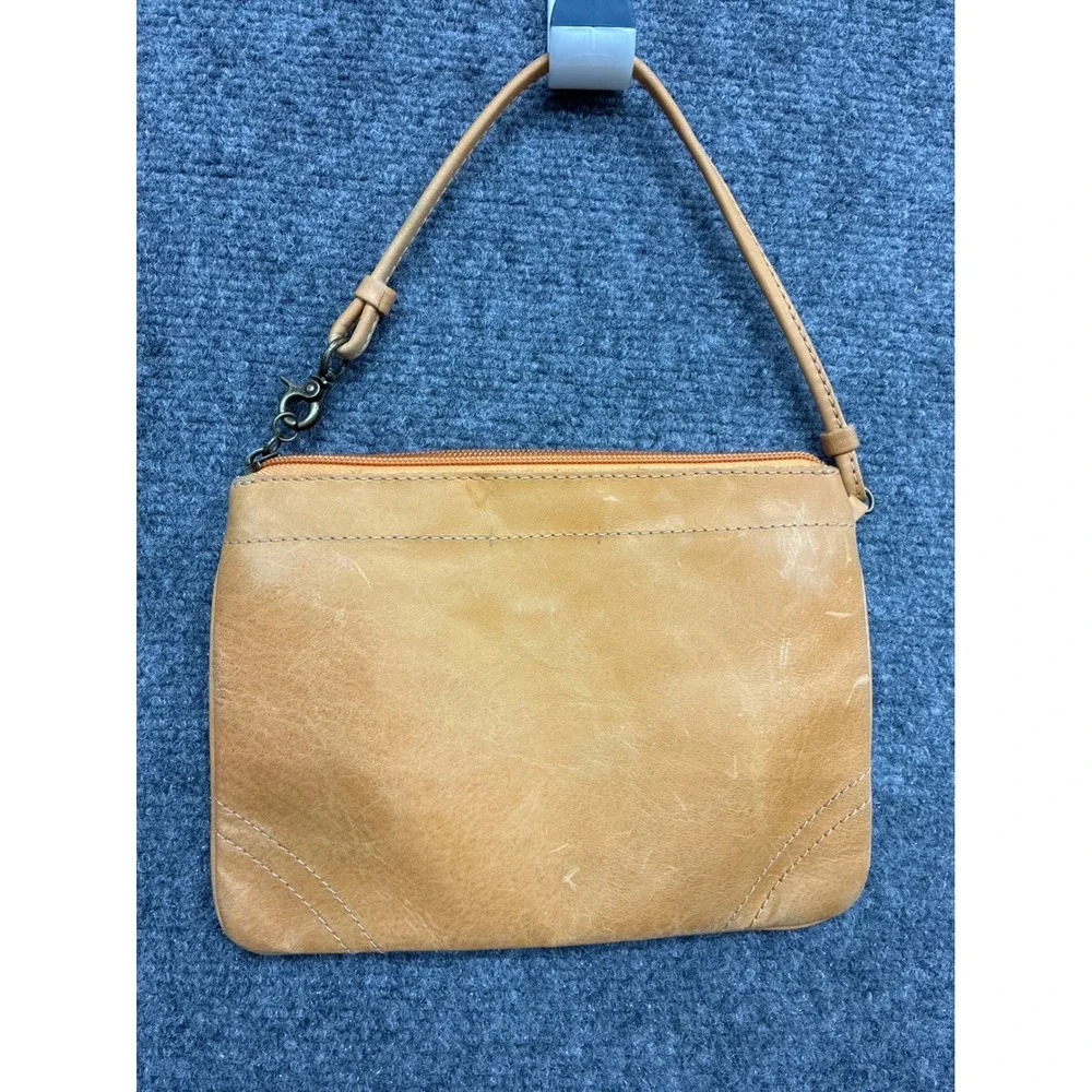 Leather Born Tan Wristlet Clutch Zip Top Pouch Tan Honey Orange Zip